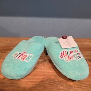 Hallmark Channel Womens Slippers Aqua Blue #1 Fan Embroidery S/M